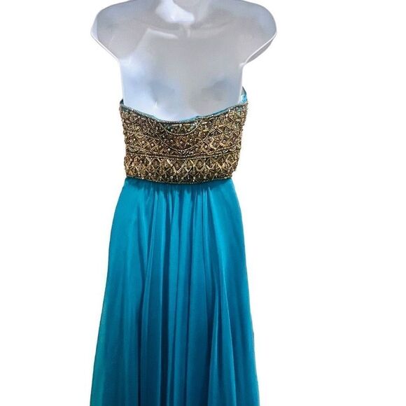 La Femme women’s strapless beaded gold and teal gown, sz 4 prom gala - Picture 6 of 8